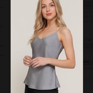 Double V-Neck Satin Cami Top Silver